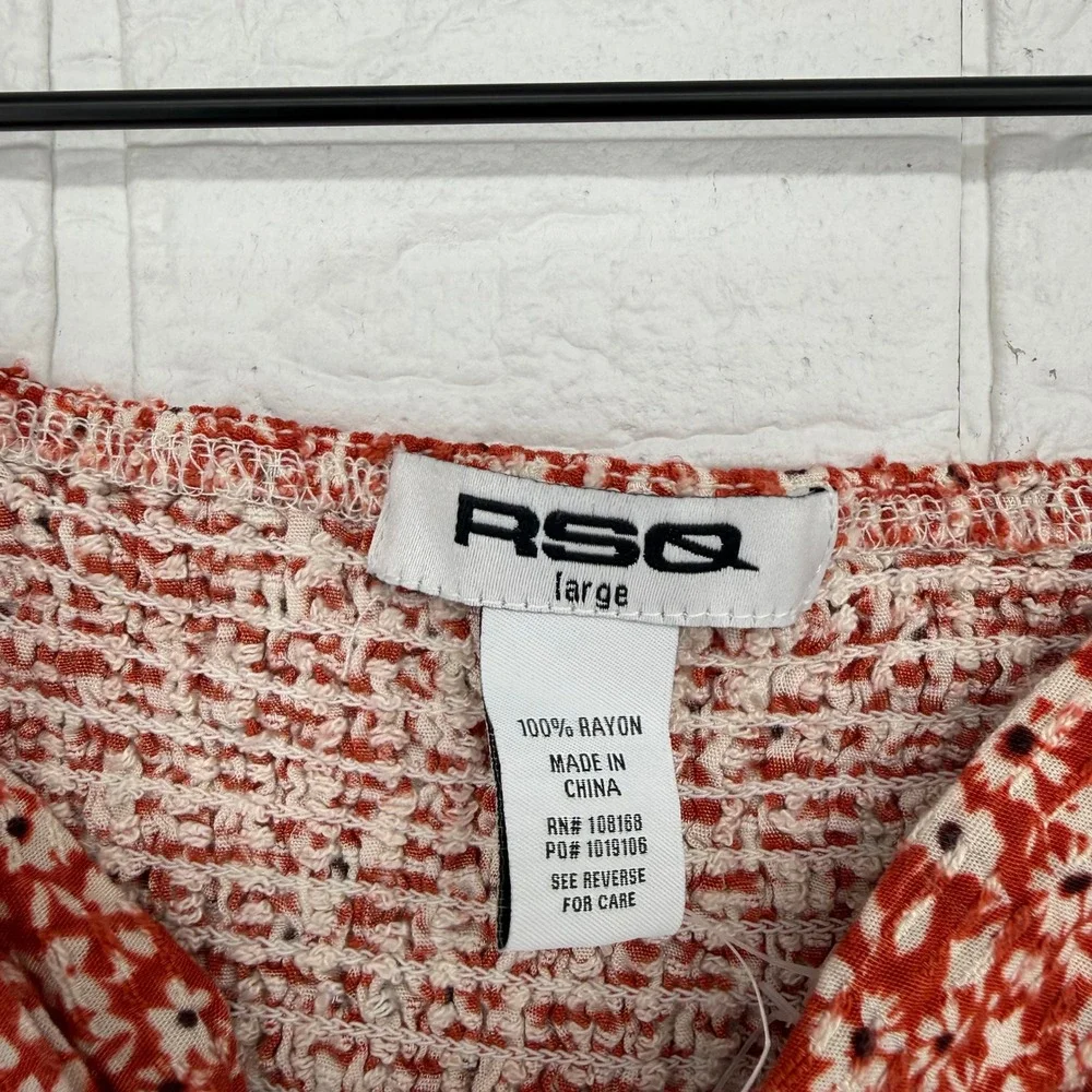 RSQ Floral Crop Top Women Large Red White Daisy Tie Front Smocked Ruffle Hem